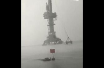 Тайфун «Талим» сносит морской кран в Китае 77